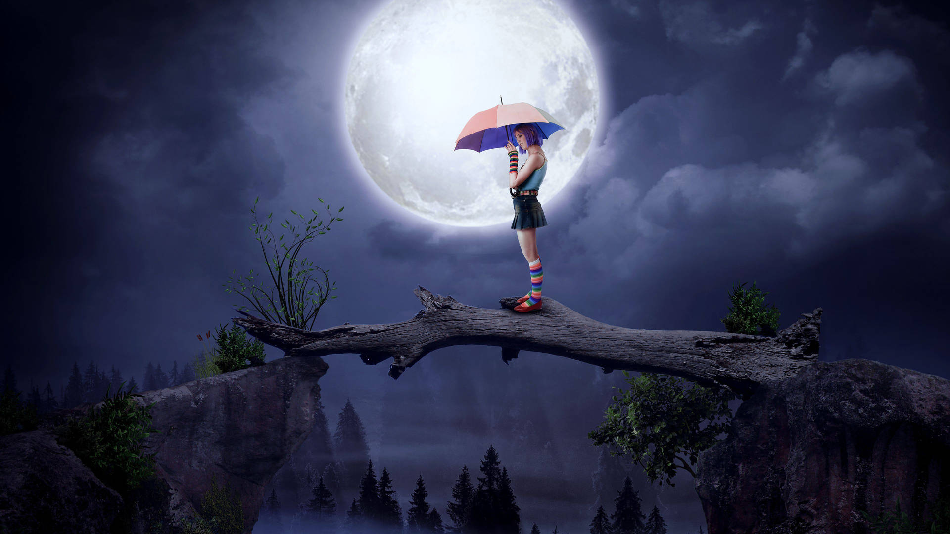 Moon 4k Woman On Log With Umbrella Wallpaper