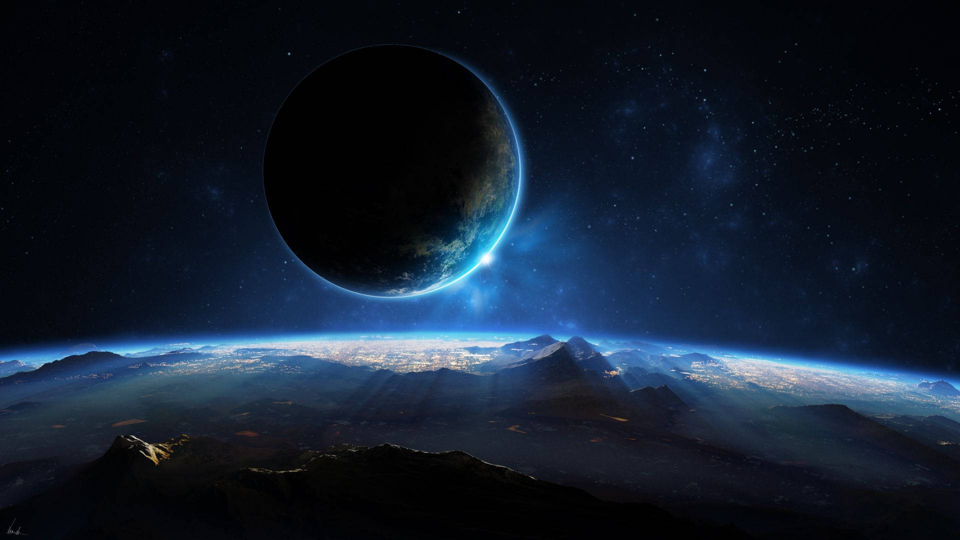 Earth, Moon and Astronaut at night. Wallpaper