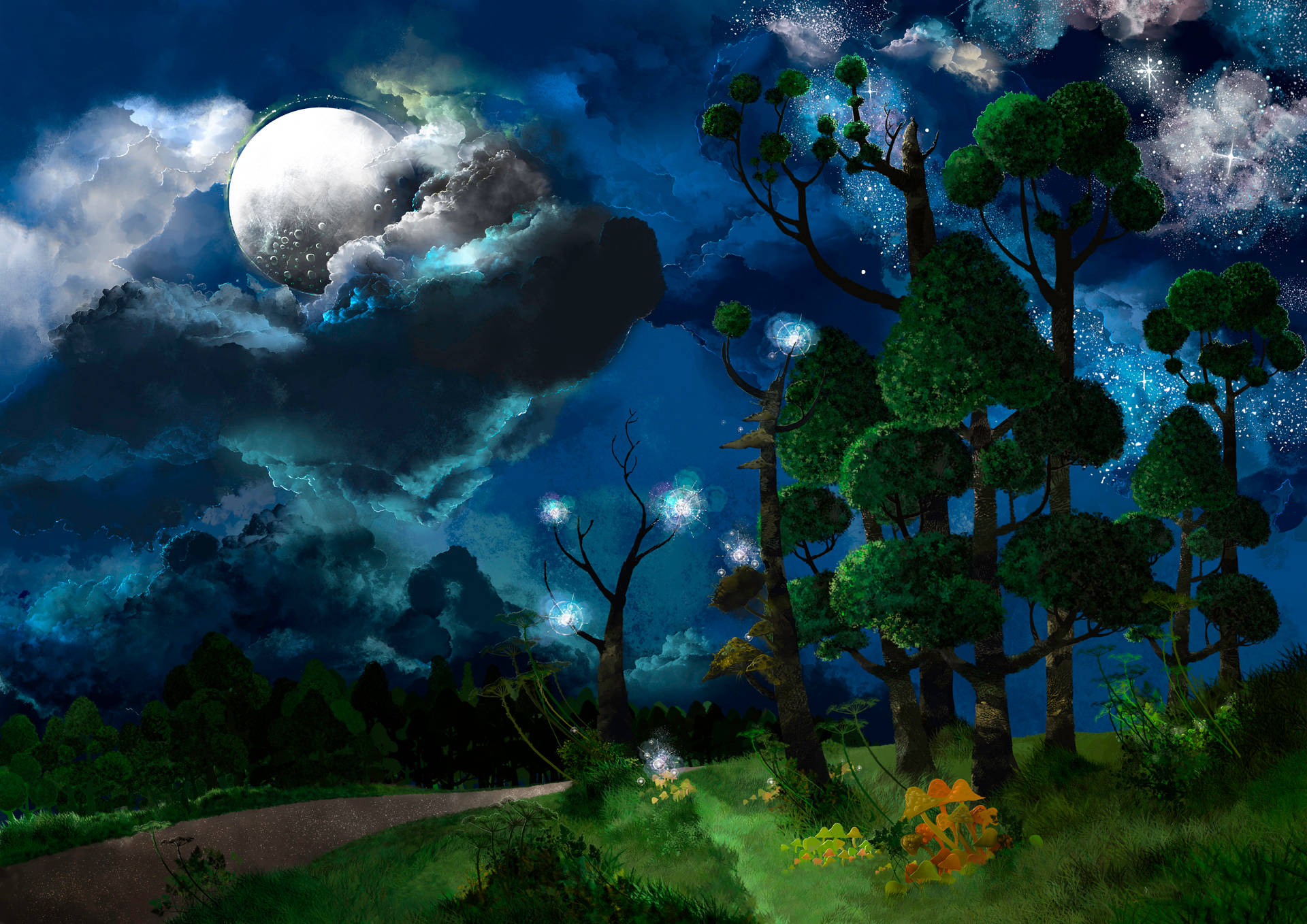 Moon And Stars Cartoon Art Wallpaper