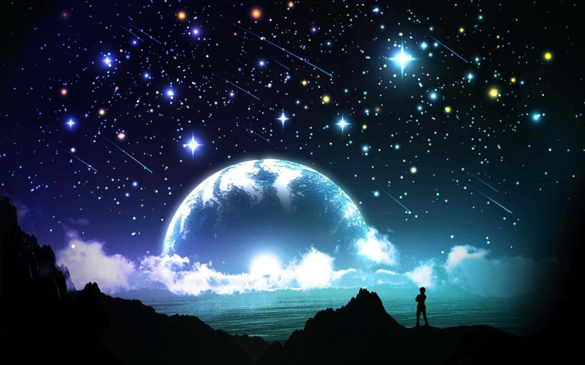 Atemberaubendersilhouettenblick Auf Den Mond Und Die Sterne. Wallpaper