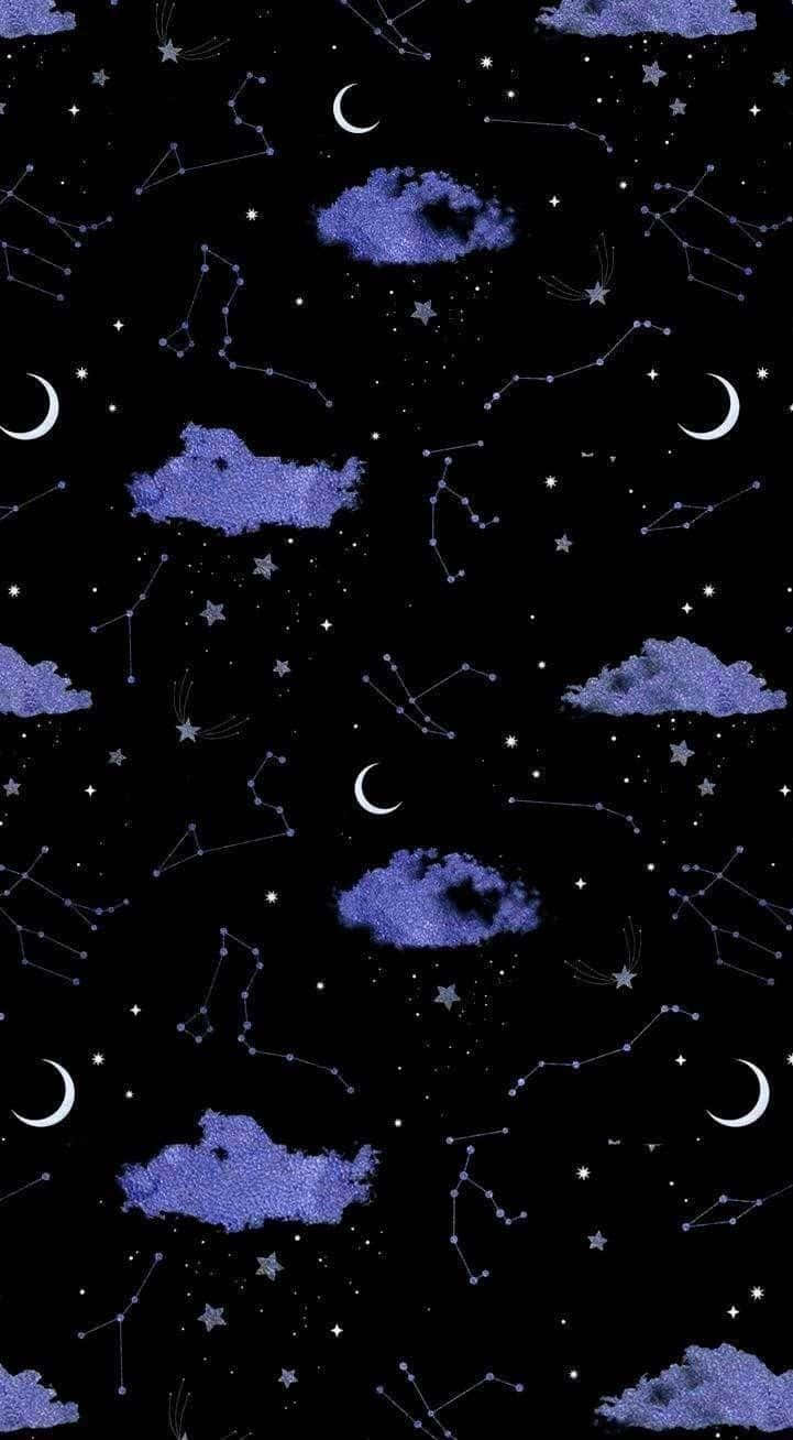 Iphonecon La Luna Y Las Estrellas Junto A Nubes En Un Patrón Fondo de pantalla