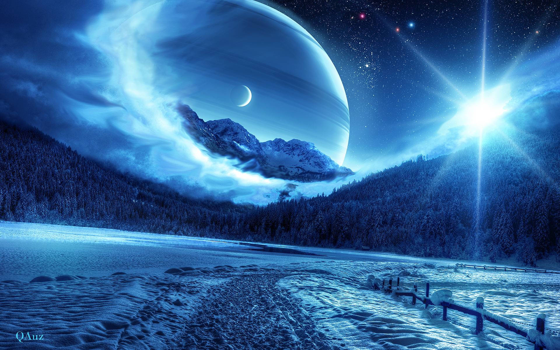 Moon And Stars Winter Landscape Wallpaper