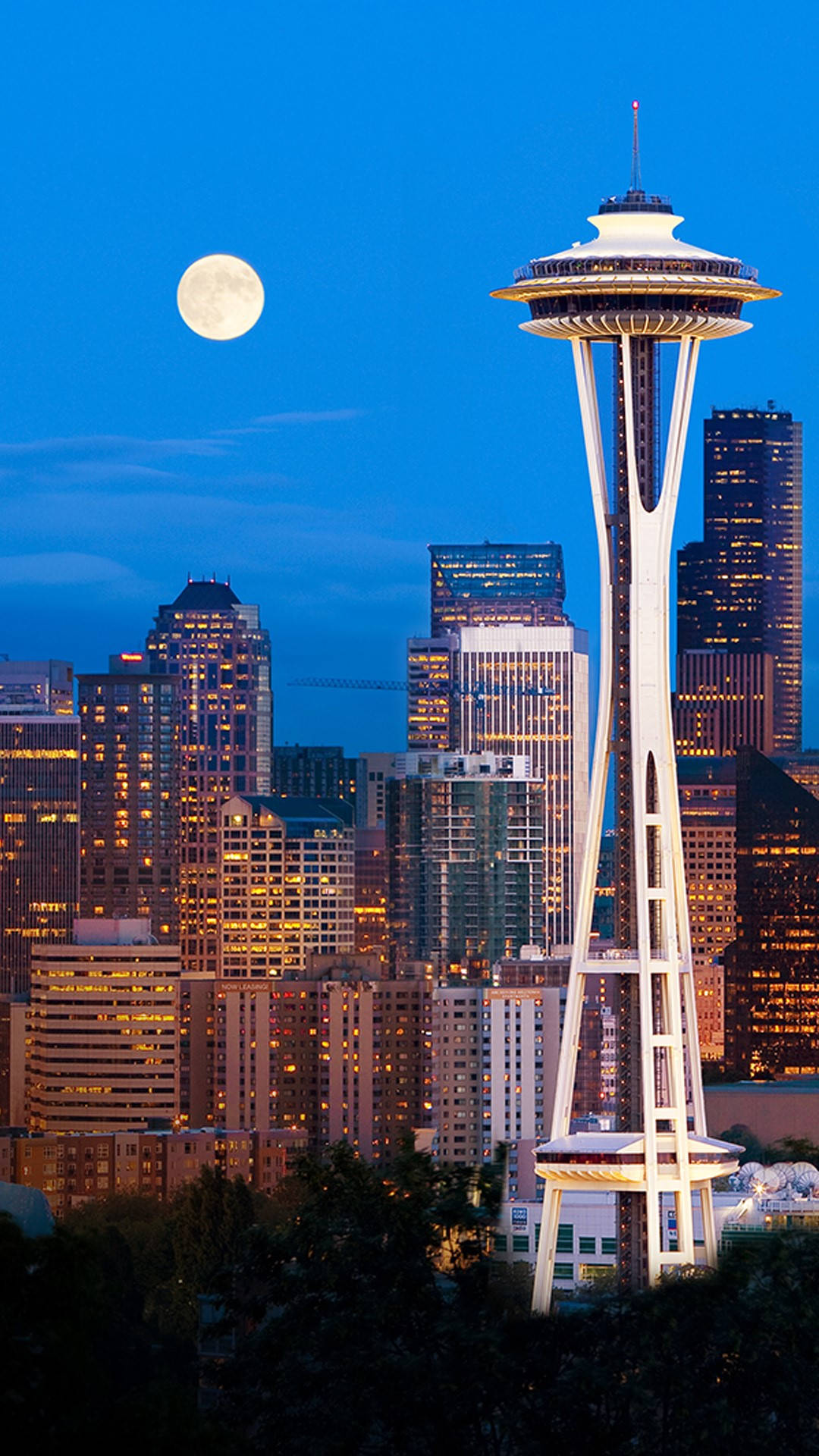 Luna,space Needle, Horizonte De Seattle, Washington Fondo de pantalla