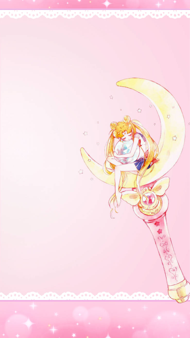 Mondstabmit Rosa Hintergrund Sailor Moon Iphone Wallpaper
