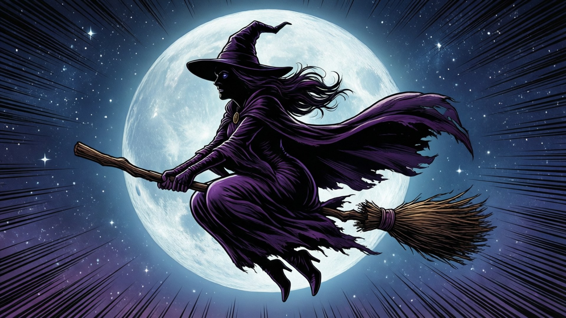 Agatha Harkness fliegt auf einem Besen vor dem Mond.