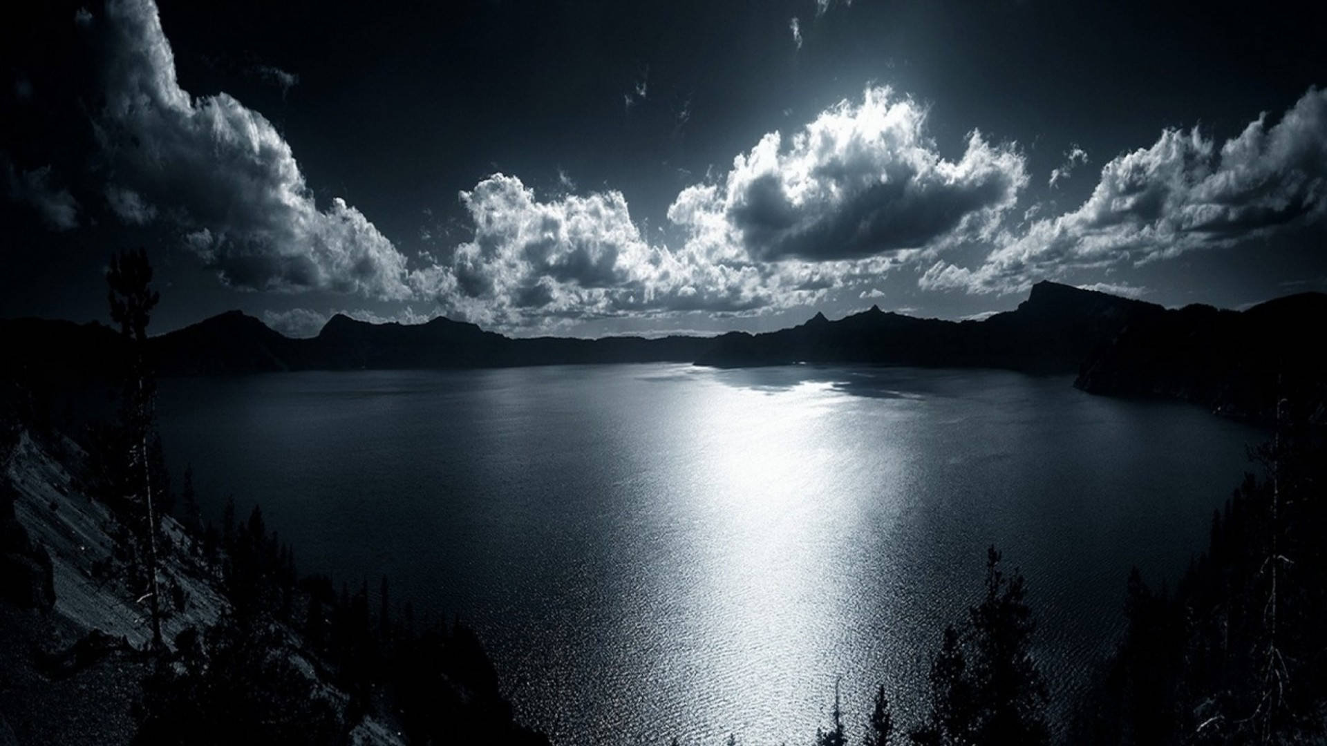 Moonlight Over A Mountain And Water Wallpaper