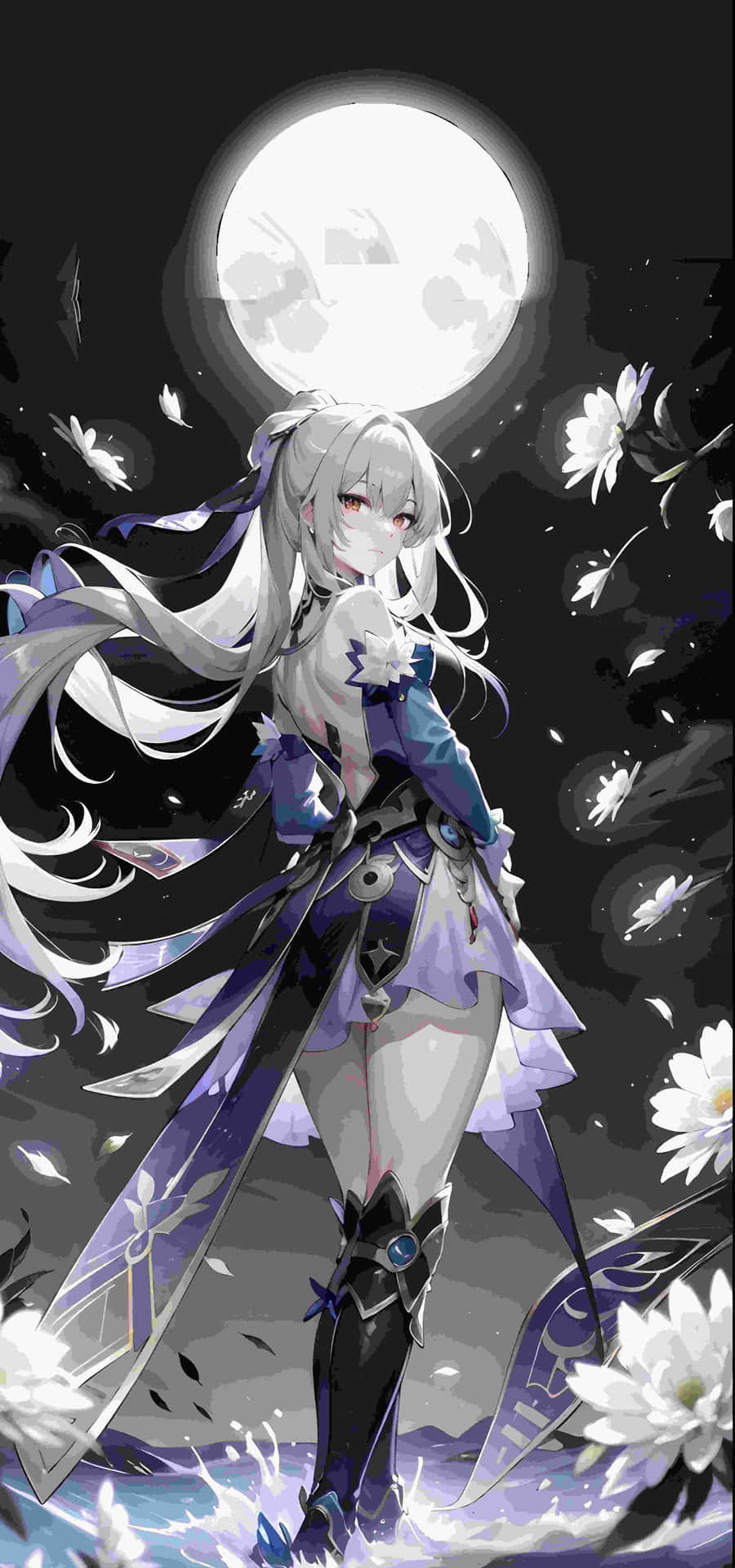 Moonlit_ Anime_ Girl_with_ Flowers Wallpaper