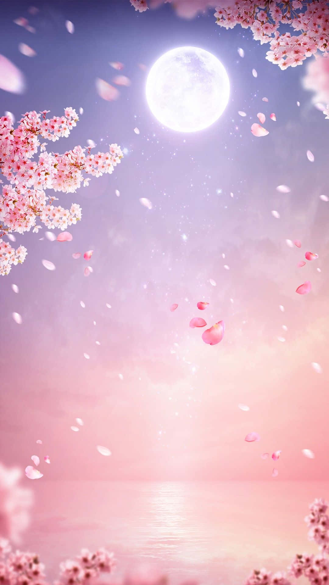 Moonlit Cherry Blossoms Over Water Wallpaper