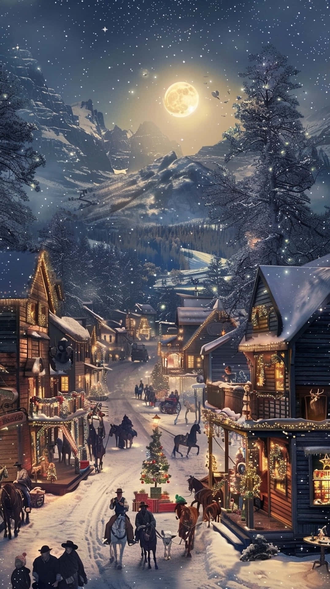 Moonlit_ Christmas_ Village_ Scene Wallpaper
