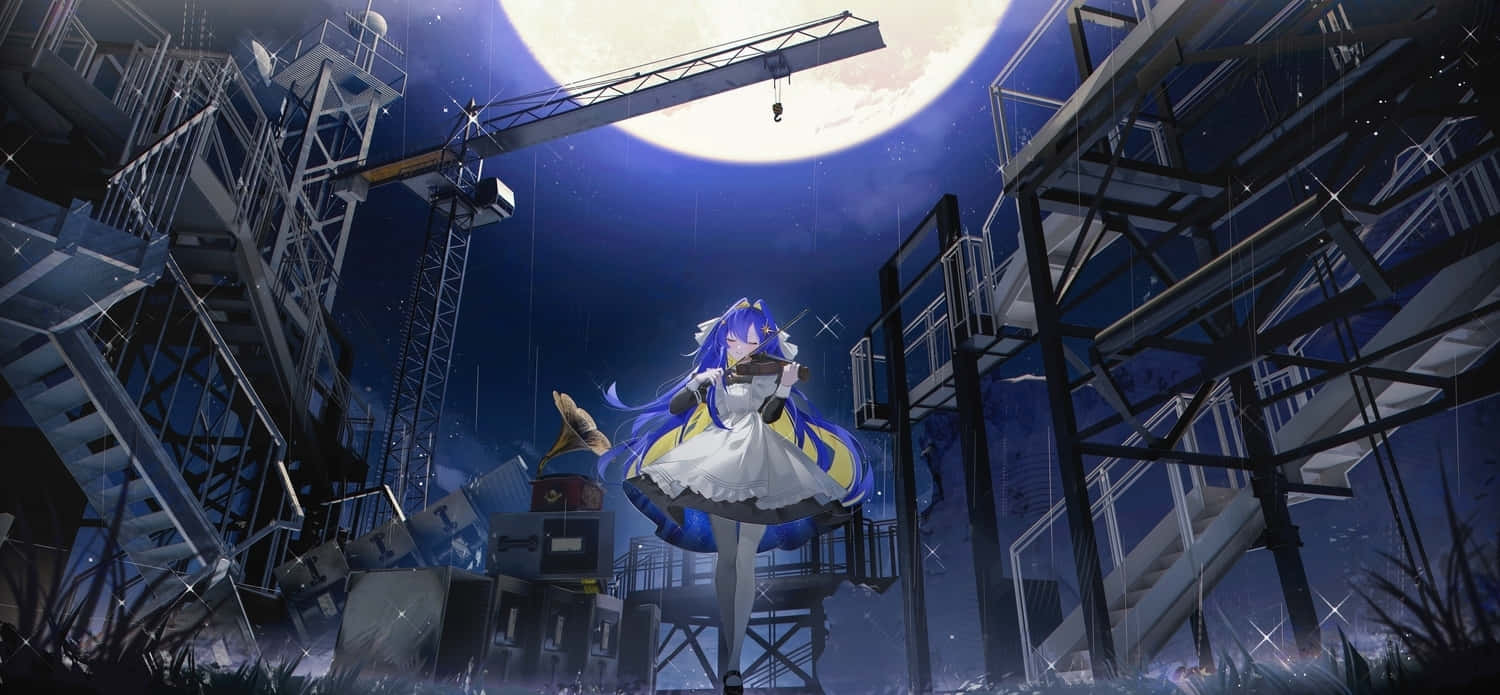 Moonlit_ Construction_ Site_with_ Anime_ Character Wallpaper