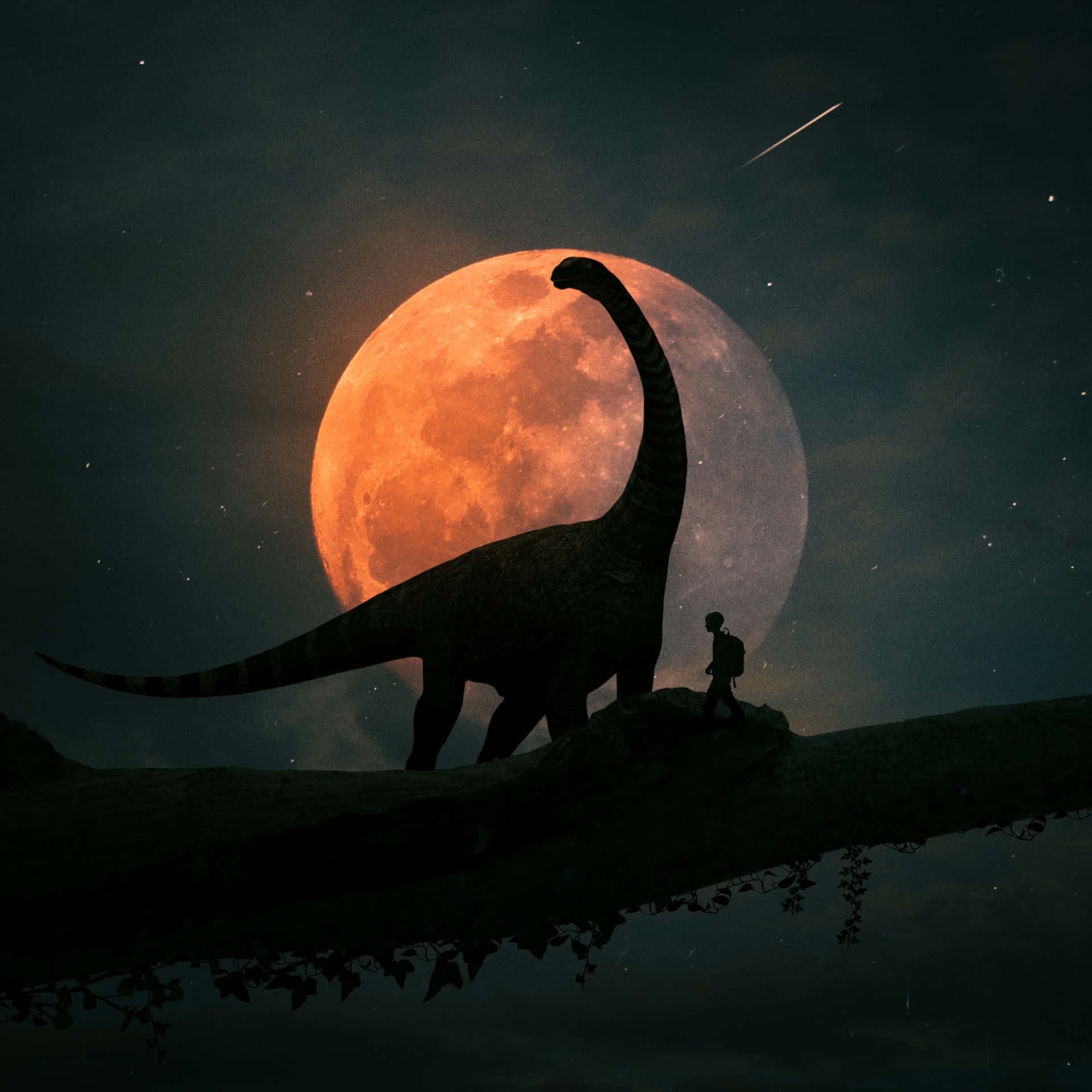 Moonlit Dinosaurand Child Silhouette Wallpaper