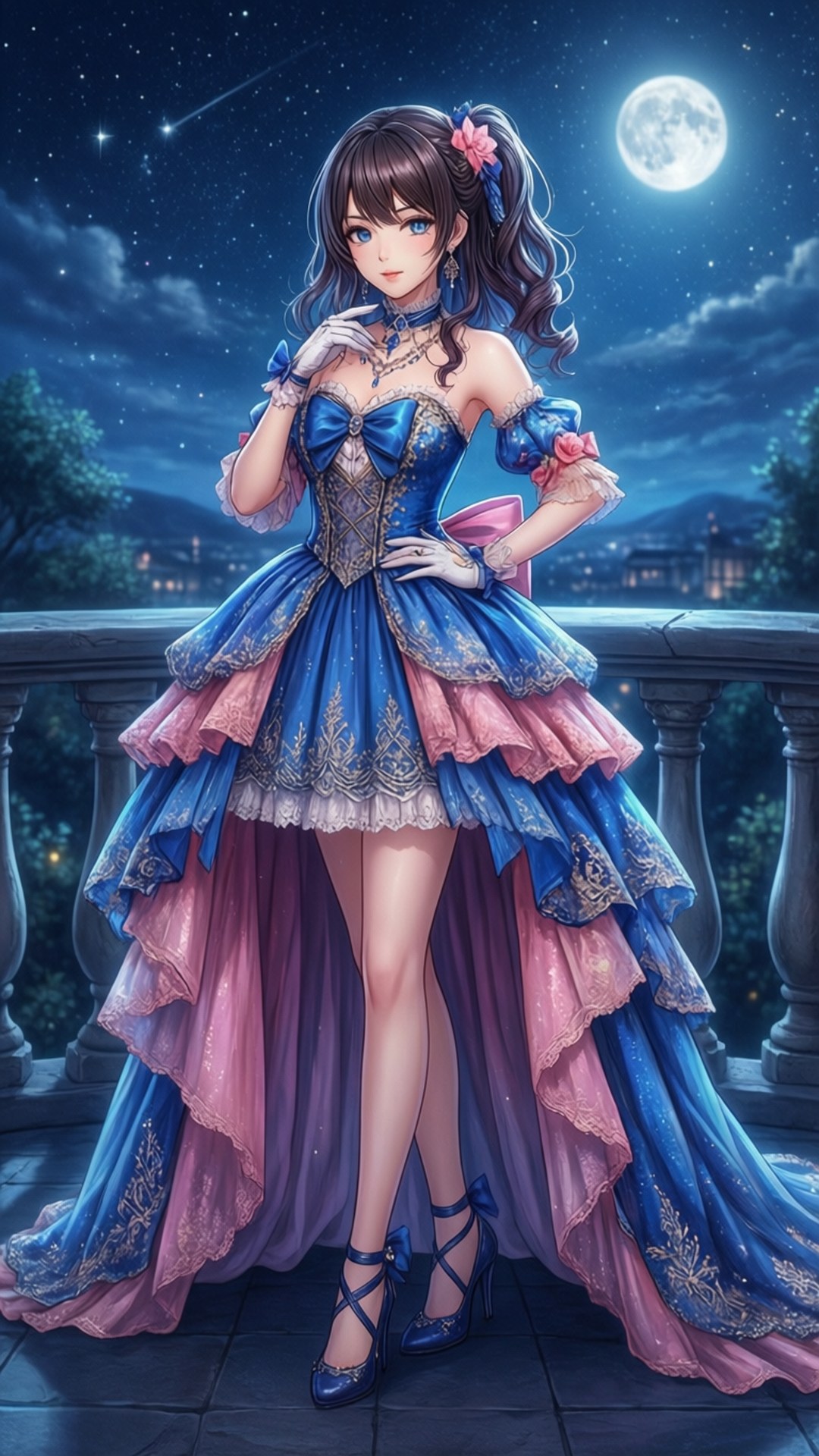 Nui Harime in un vestito elegante su un balcone sotto la luce della luna.