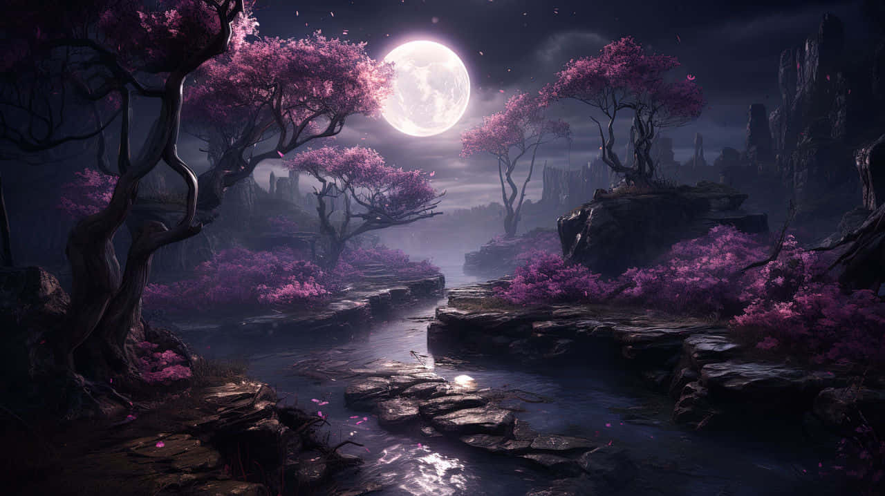 Moonlit_ Fantasy_ Riverbank Wallpaper