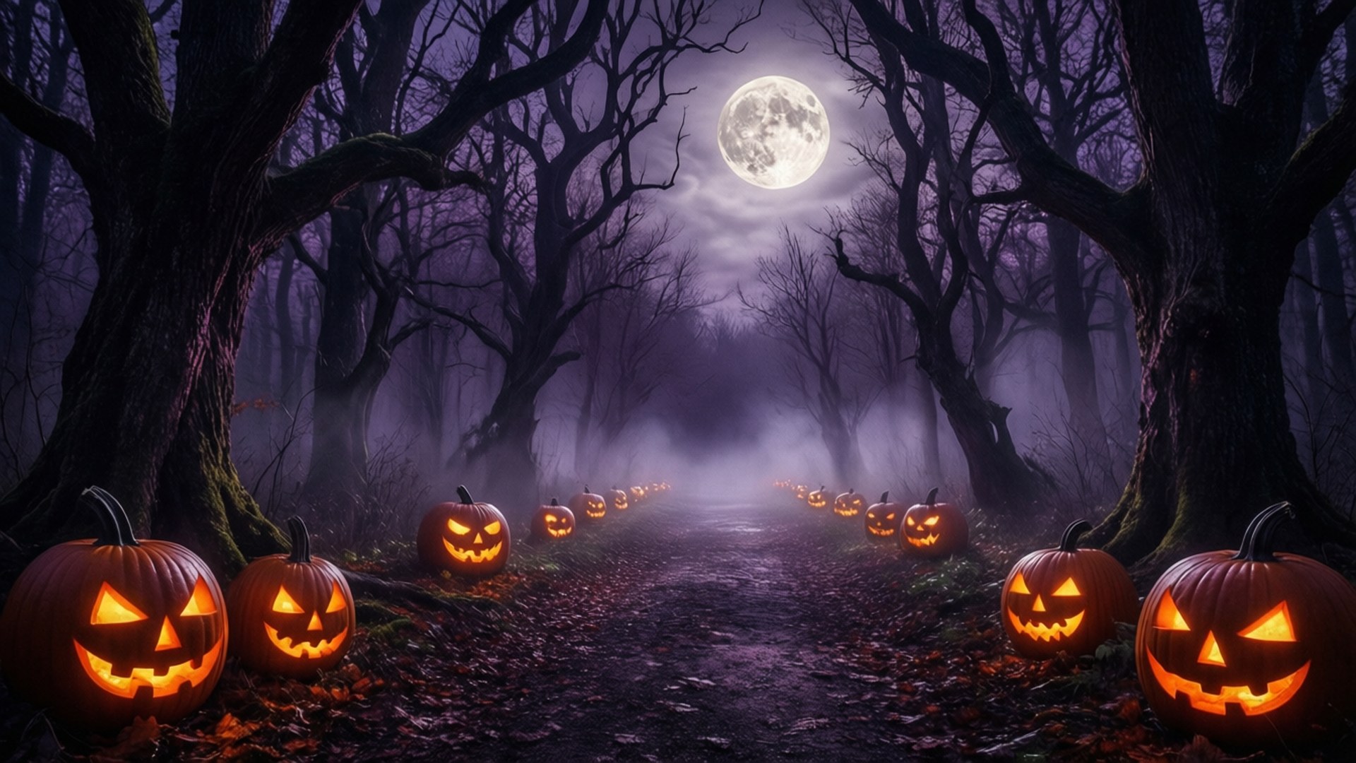 Zucche luminose fiancheggiano un sentiero nebbioso nel bosco sotto una luna piena.