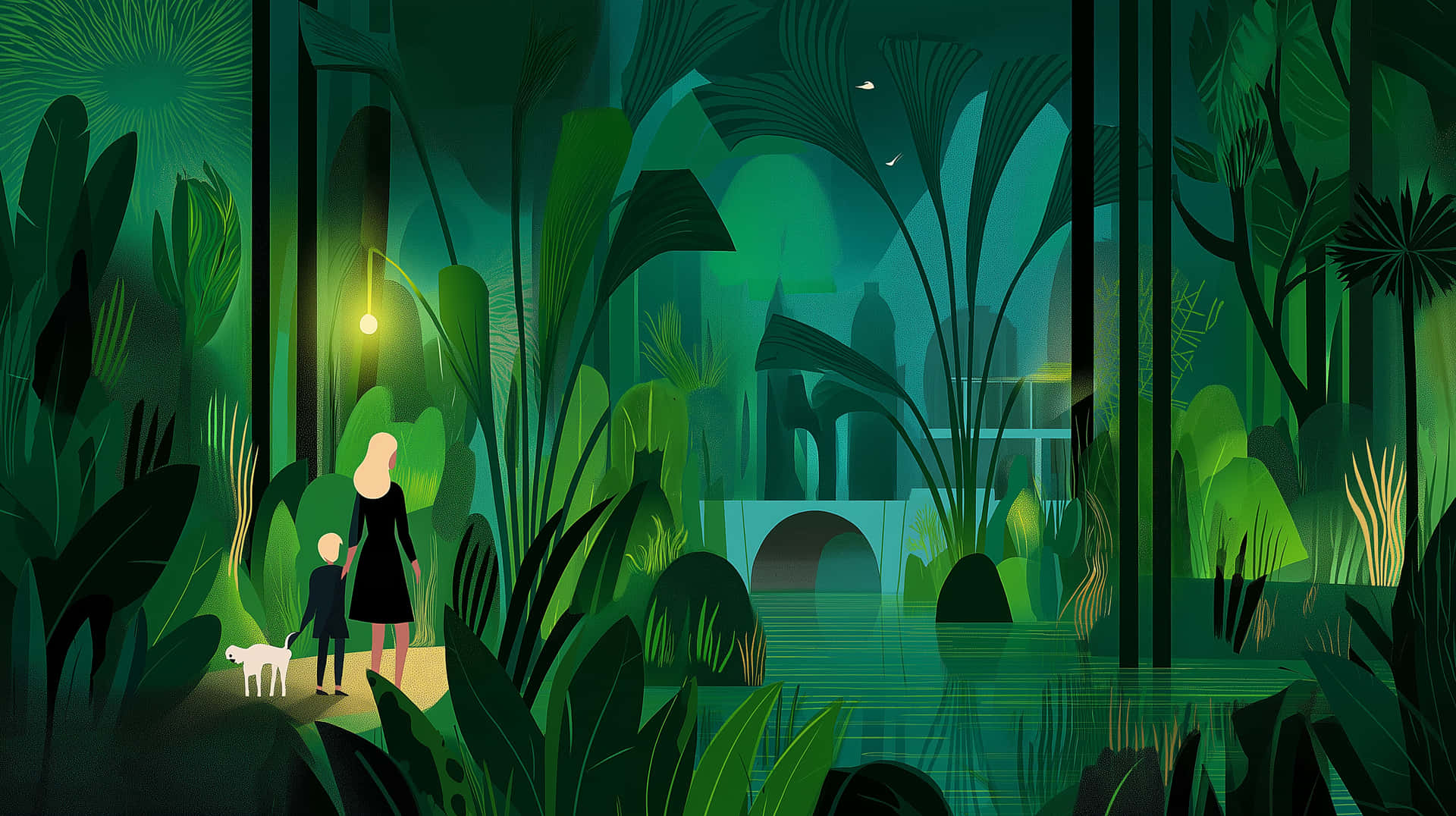 Moonlit Forest Path With Figures And Water Feature Wallpaper