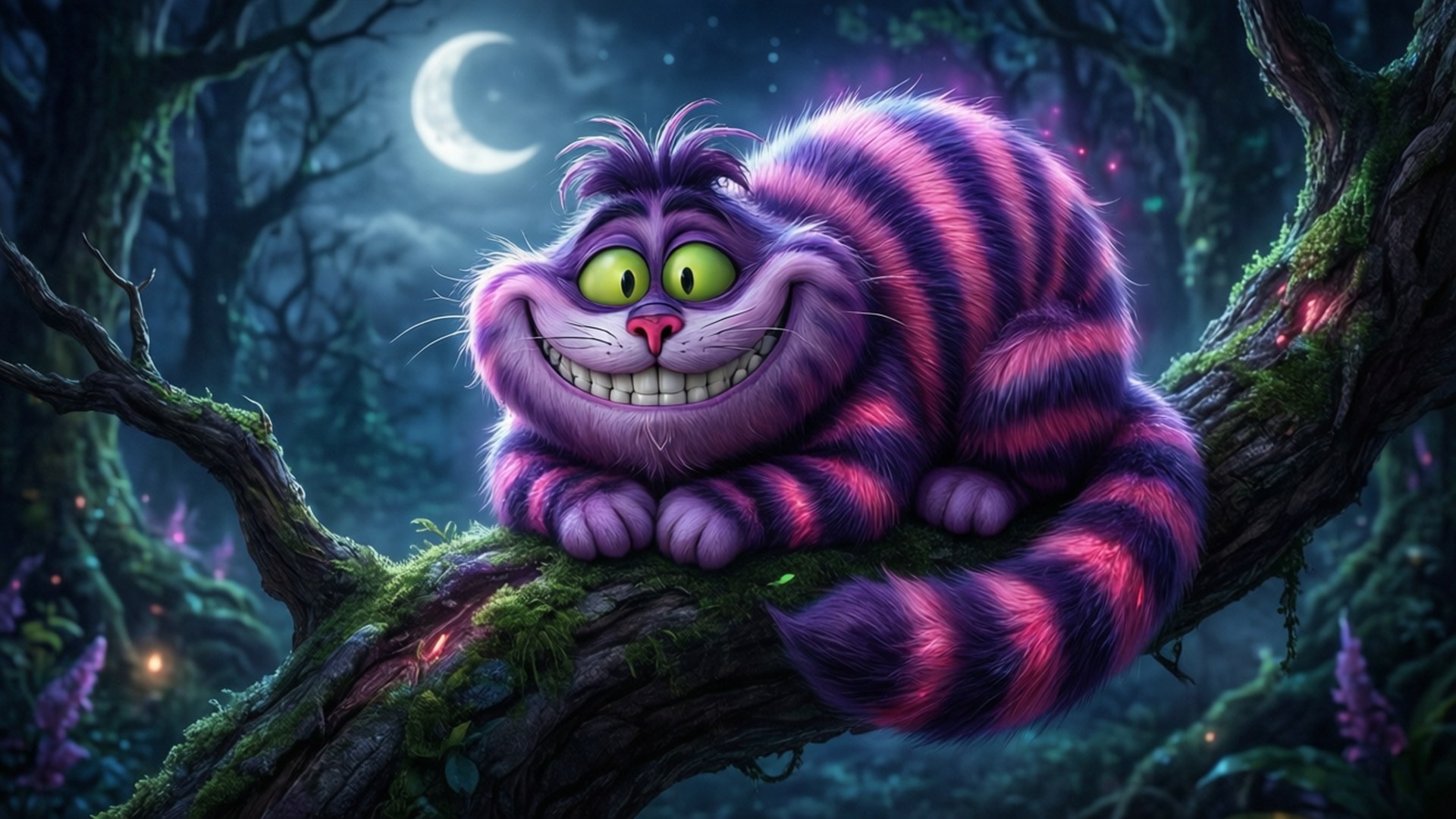 Cheshire Cat lyser under en halvmåne i en mystisk skov.