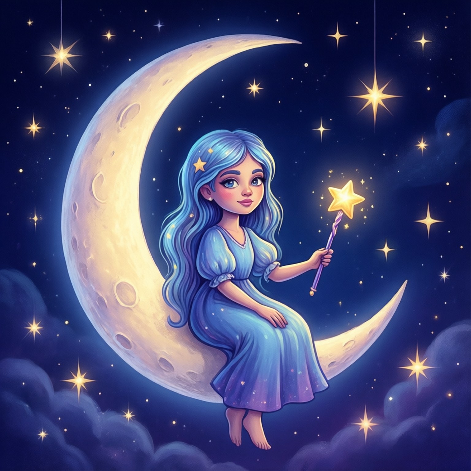 A girl with blue hair sits on a crescent moon holding a glowing star wand under a starry night sky.