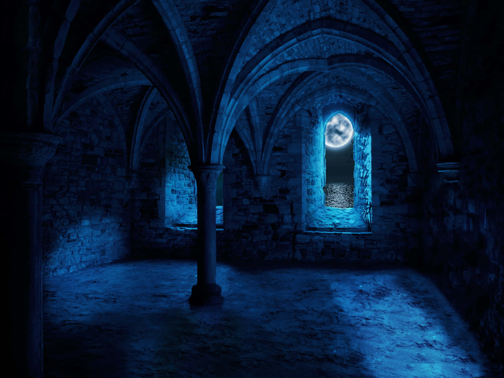 Moonlit Medieval Vaulted Room Wallpaper