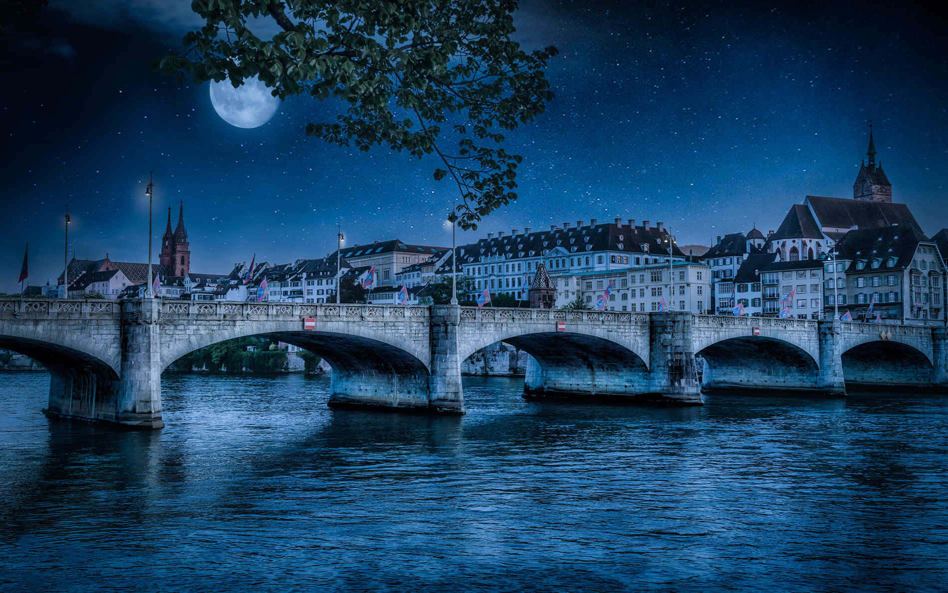 Moonlit Night Basel Bridge Wallpaper