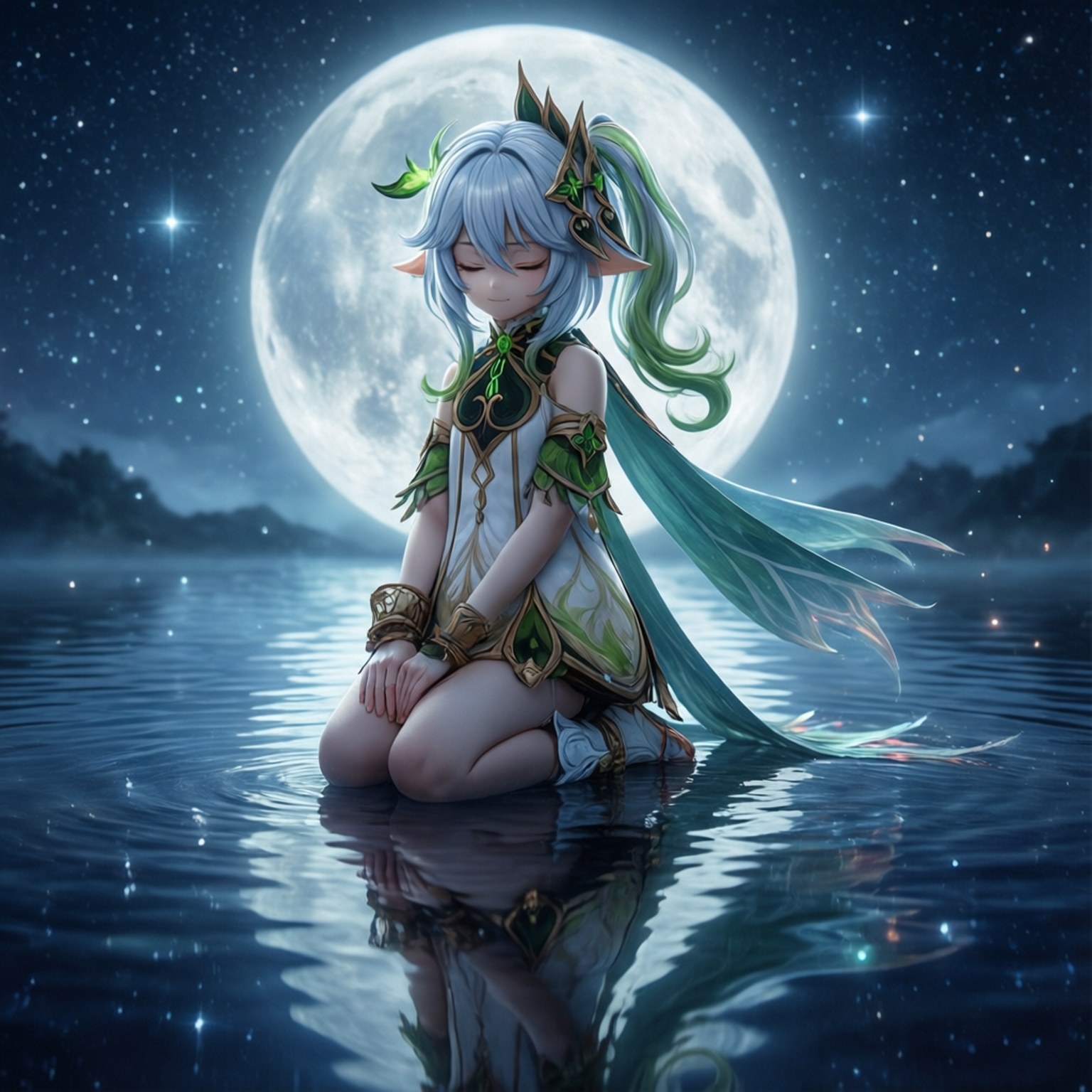 Moonlit Reflection Wallpaper — A serene anime girl with silver hair and green accents kneels in moonlit water beneath a giant glowing moon.