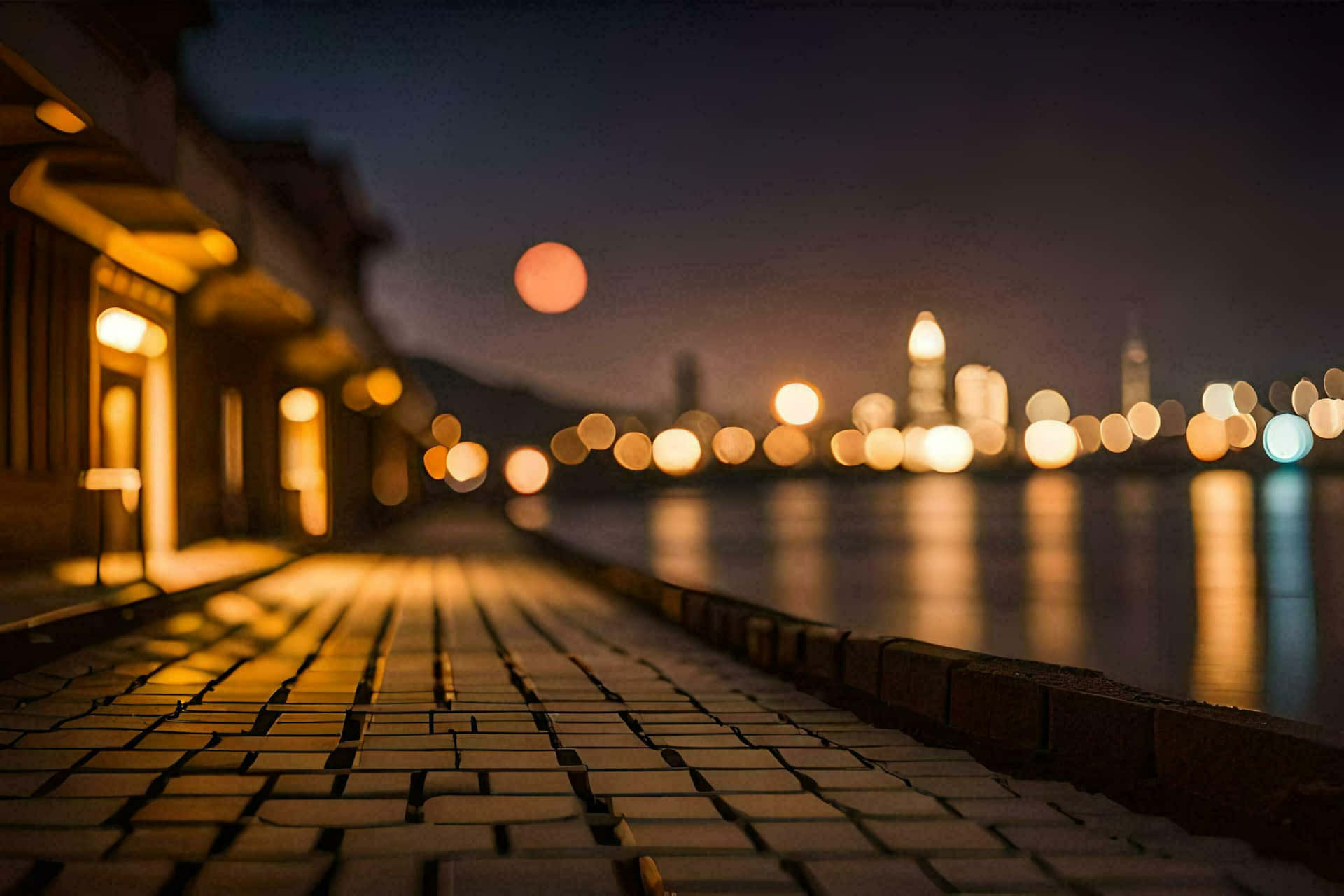 Moonlit Riverside Promenade Wallpaper