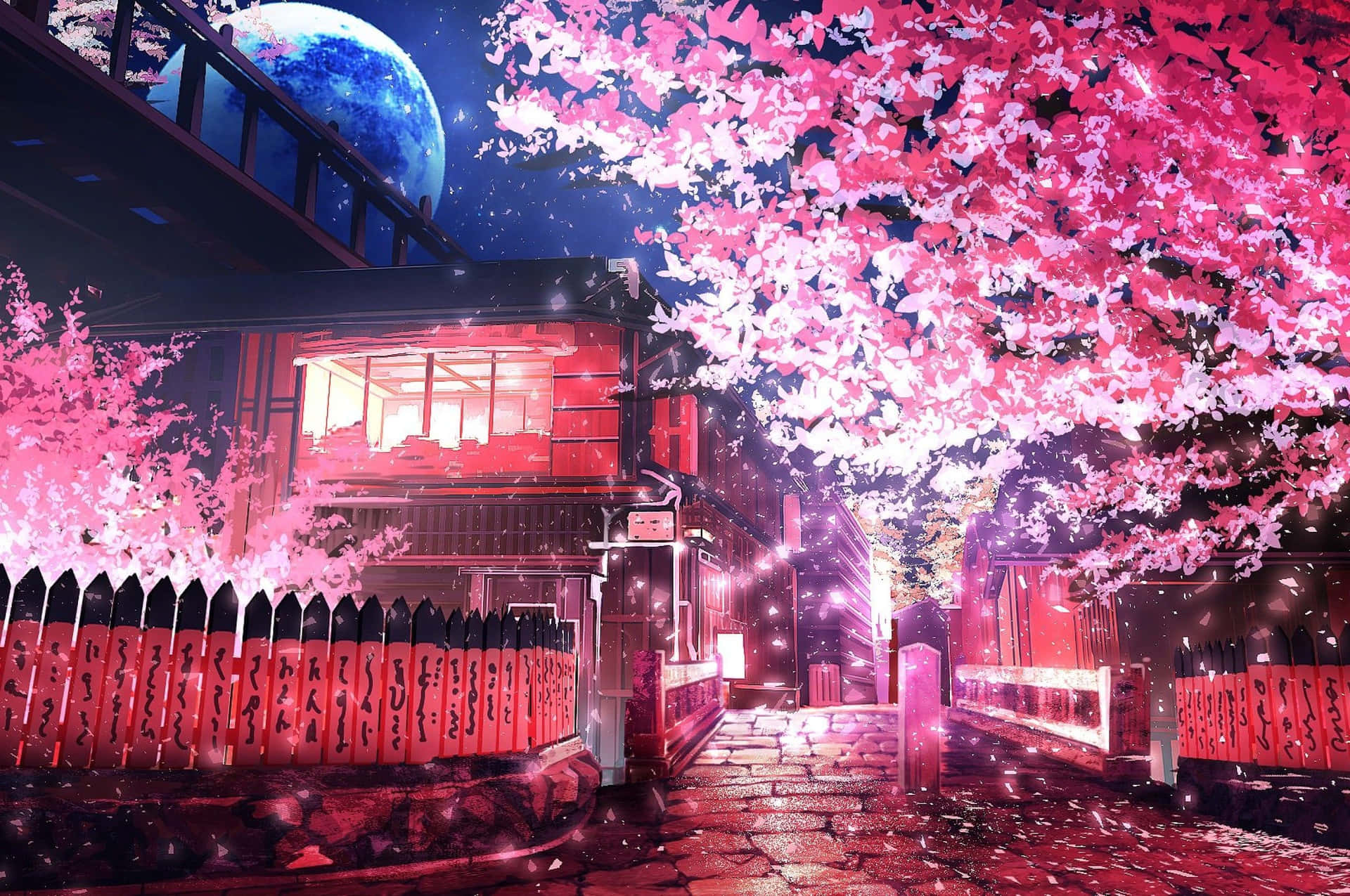 Moonlit Sakura Street Anime Scene Wallpaper