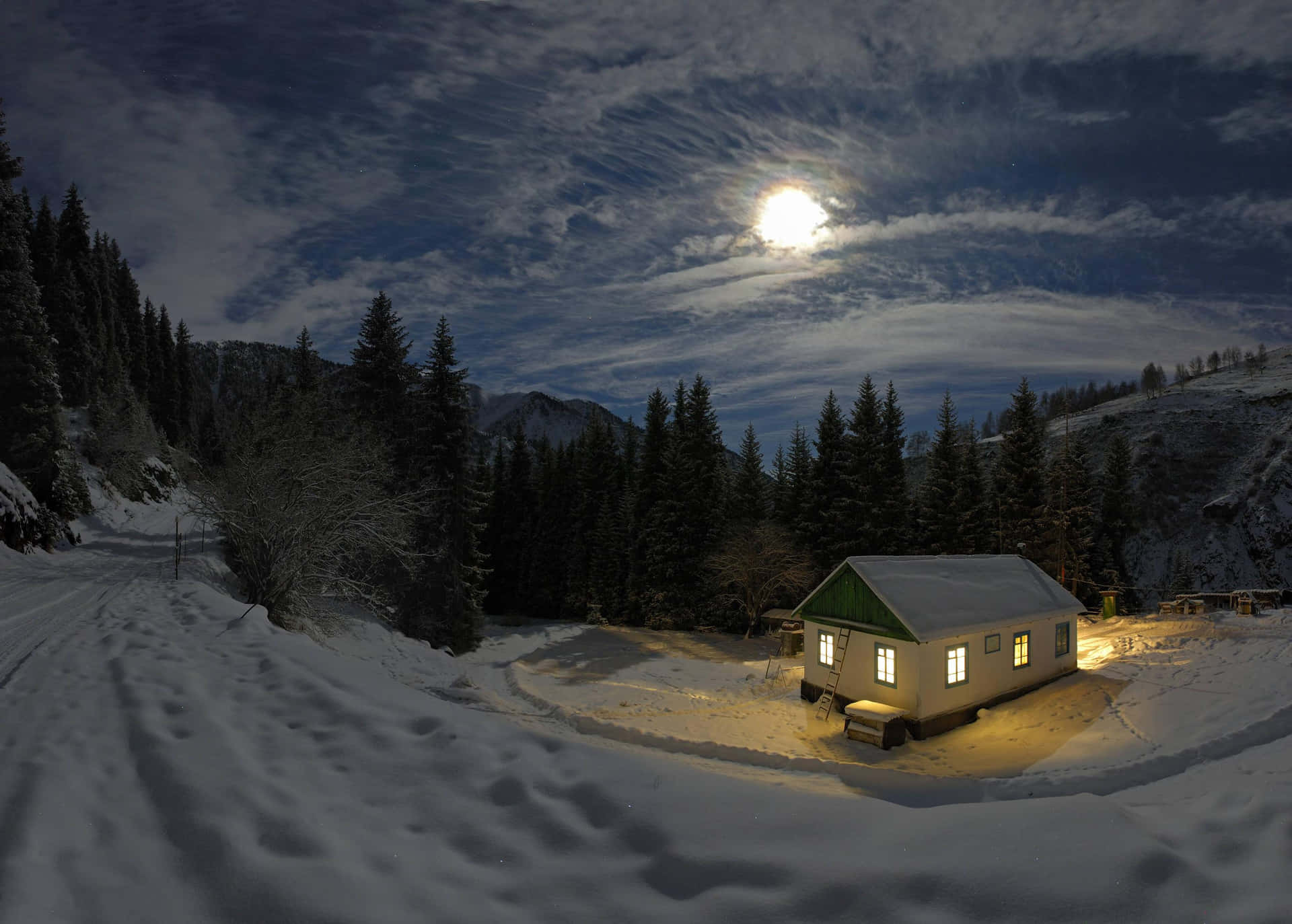 Moonlit Snowy Cottage Night Wallpaper