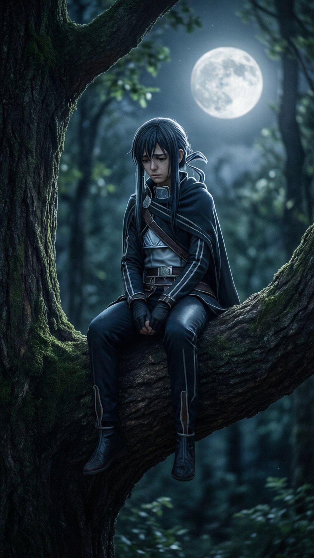 Kirito sitting on a tree branch under the moon.