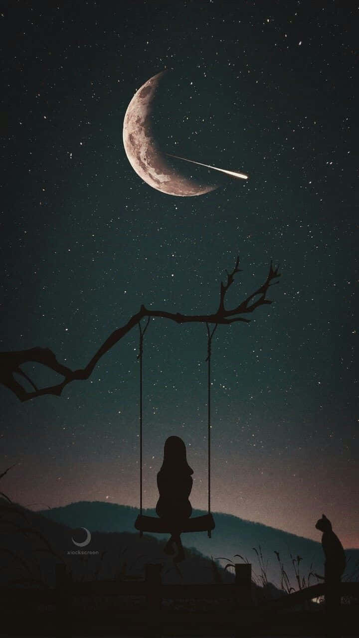 Moonlit Swingand Shooting Star Wallpaper