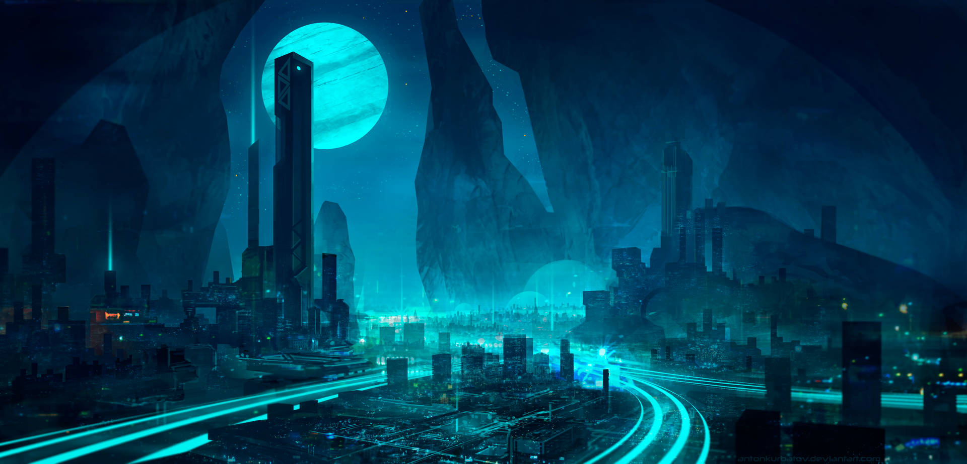 Moonlit Techno City Wallpaper