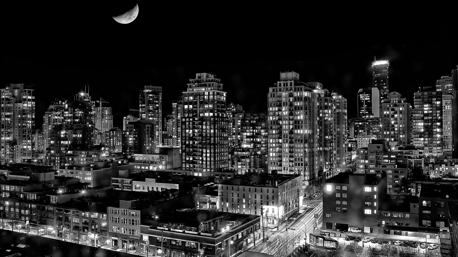 Moonlit Urban Nightscape4 K B W Wallpaper