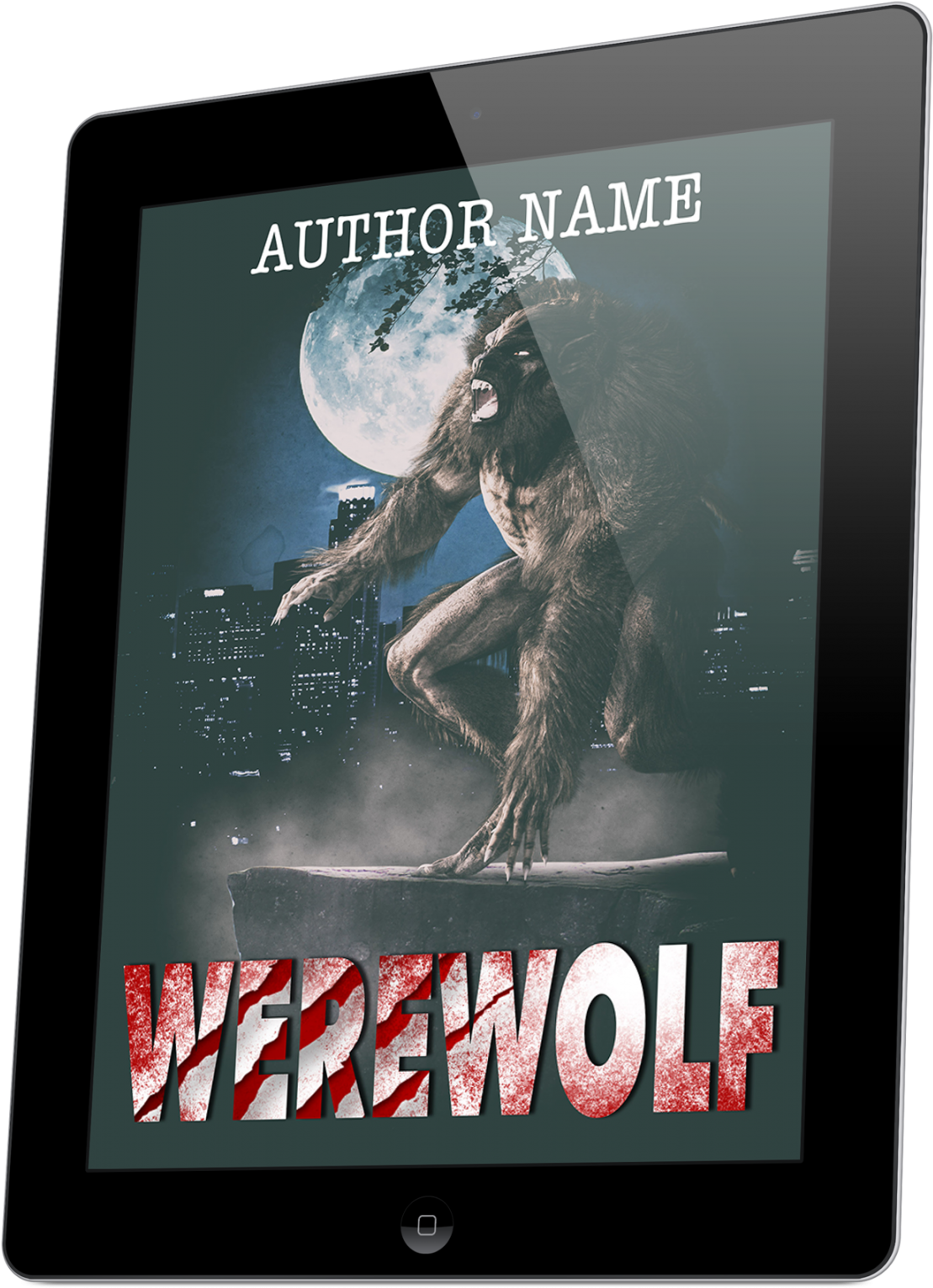 Moonlit Werewolf Cityscape Book Cover PNG