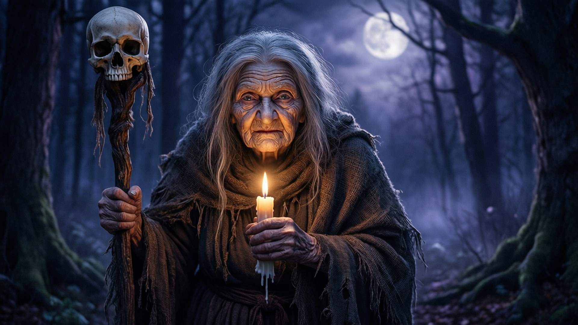 Um retrato detalhado de Baba Yaga em uma floresta iluminada pela lua, clima misterioso