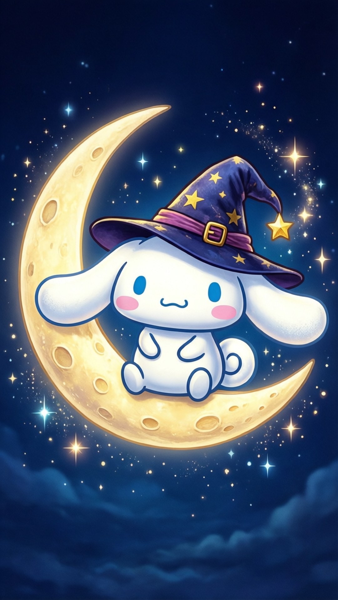 A cartoon bunny wearing a witch hat sits on a crescent moon surrounded by stars. — Cinnamoroll Picture