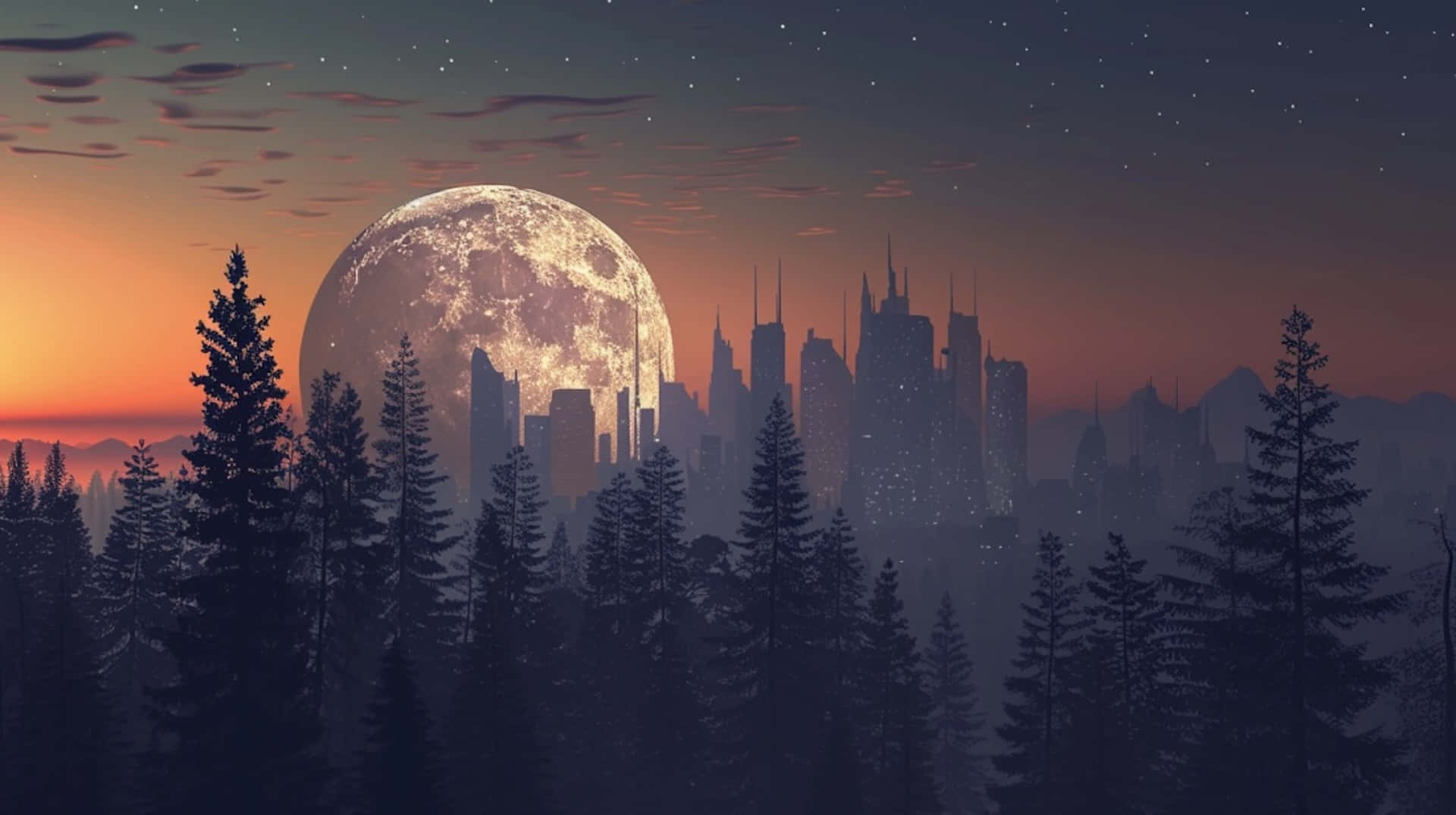 Moonset_ Over_ Forest_ Cityscape Wallpaper