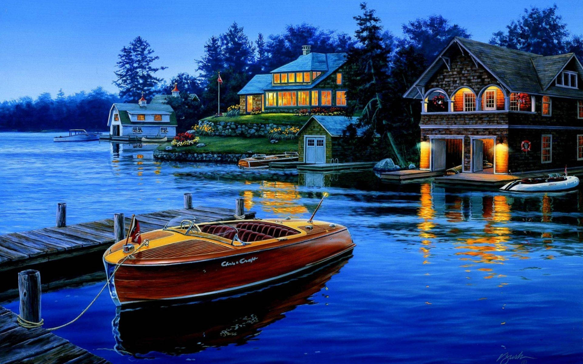 Pinturade Un Barco Amarrado En El Lago. Fondo de pantalla