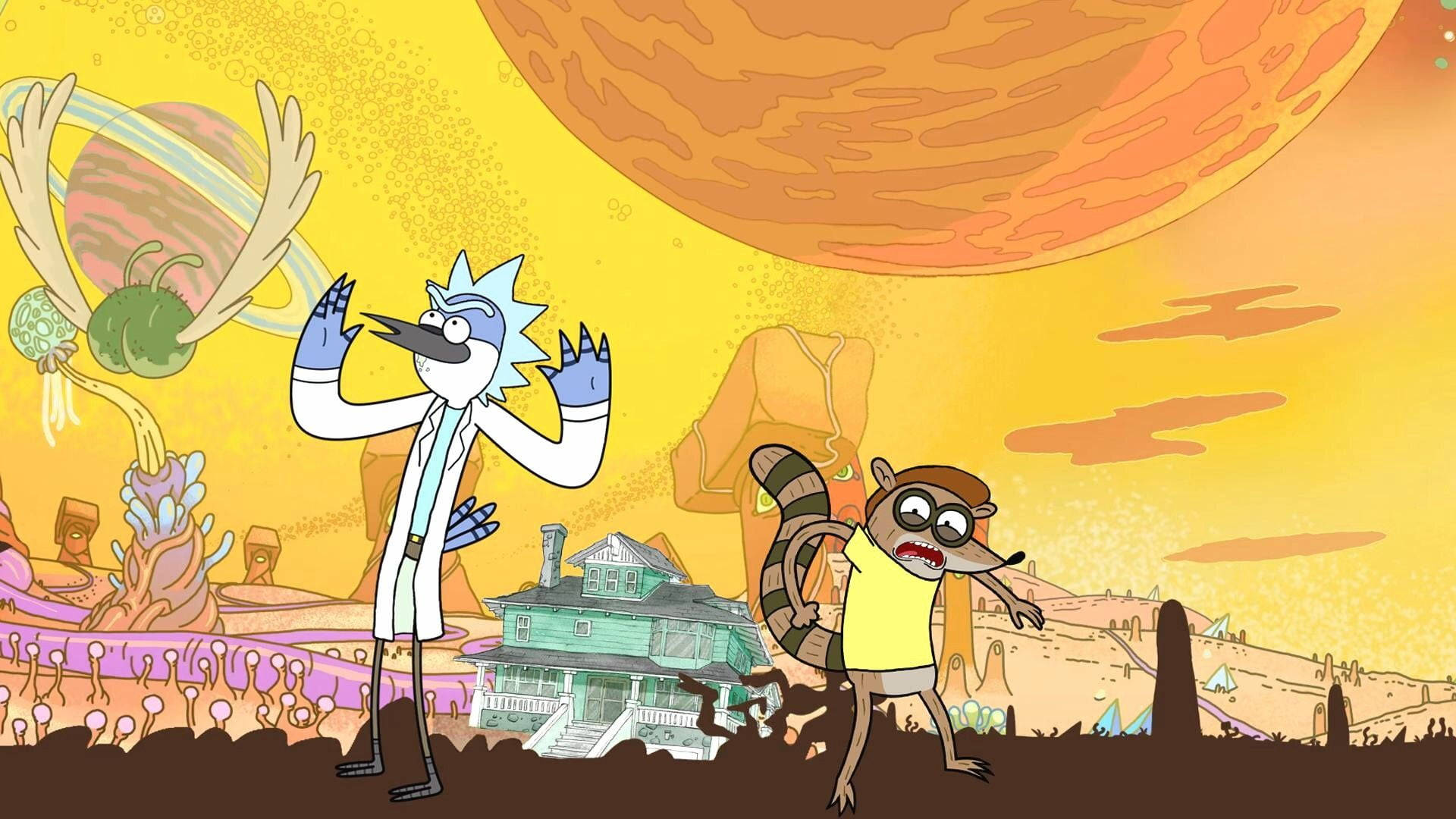 Mordecaiund Rigby X Rick Und Morty Wallpaper