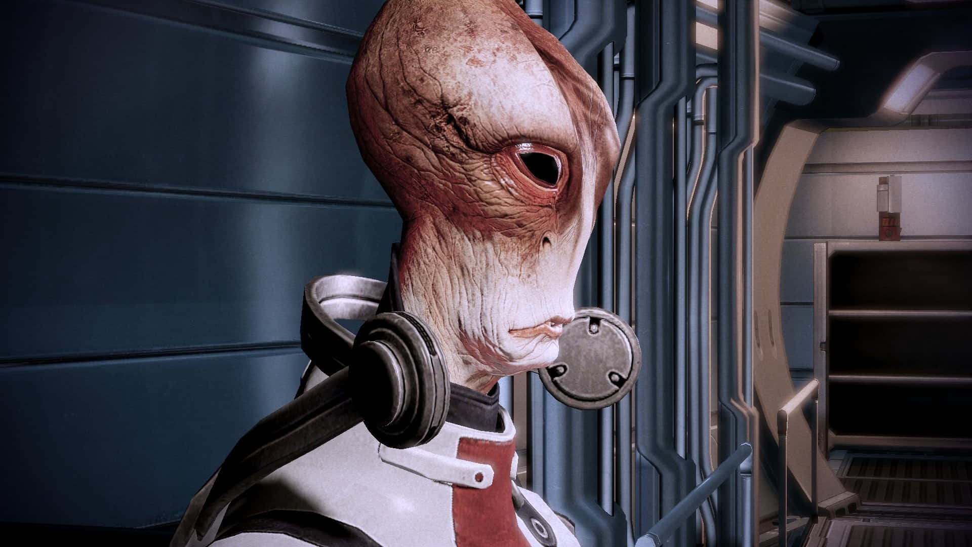 Mordin Solus, the brilliant Salarian scientist from Mass Effect, in a striking pose on the battlefield. Wallpaper