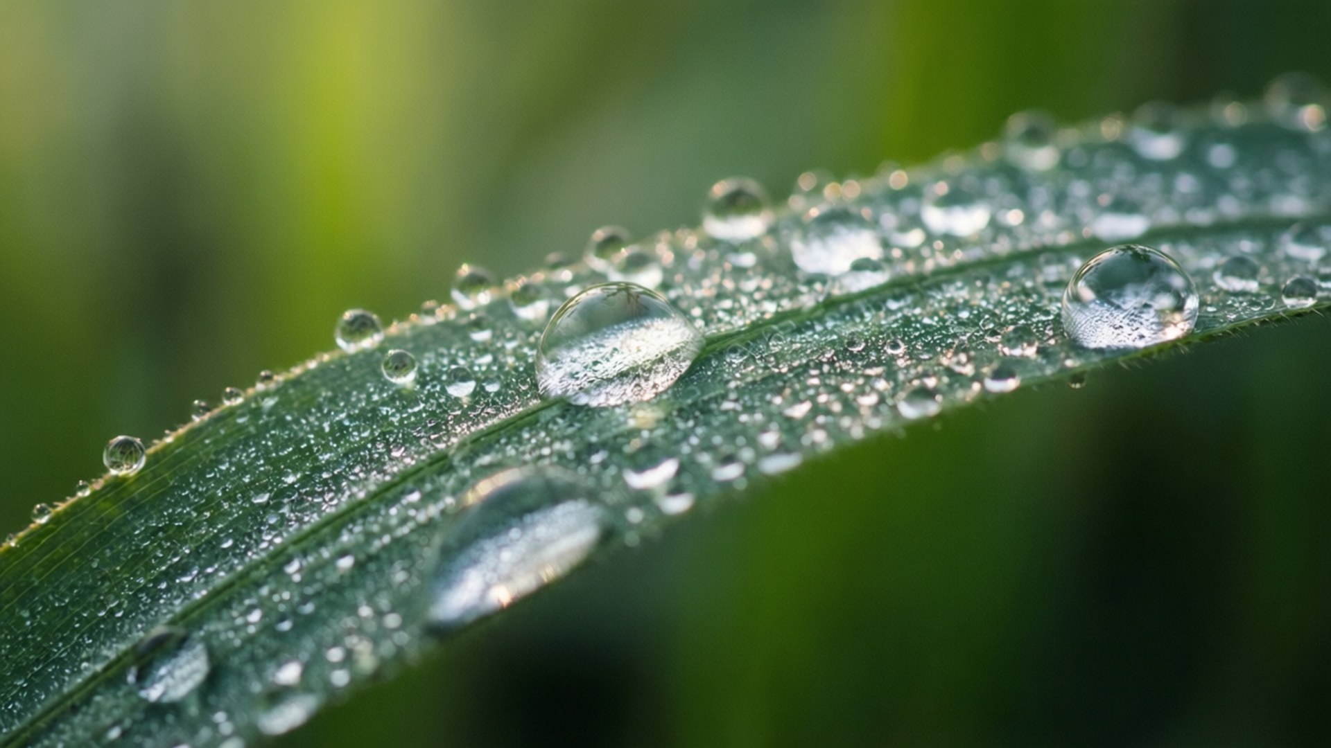 Morning Dew Leaf Wallpaper — Glistening water droplets cling to a vibrant green leaf under soft morning light.