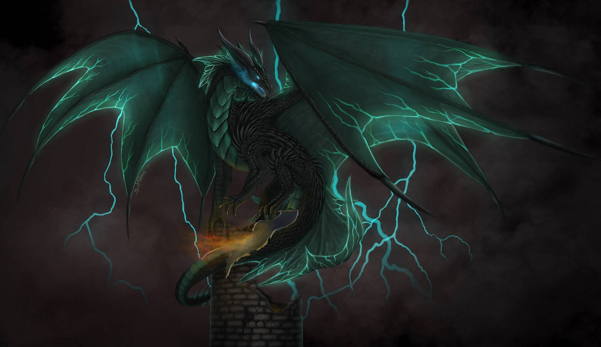 Mørkegrøn Lightning Dragon Wallpaper