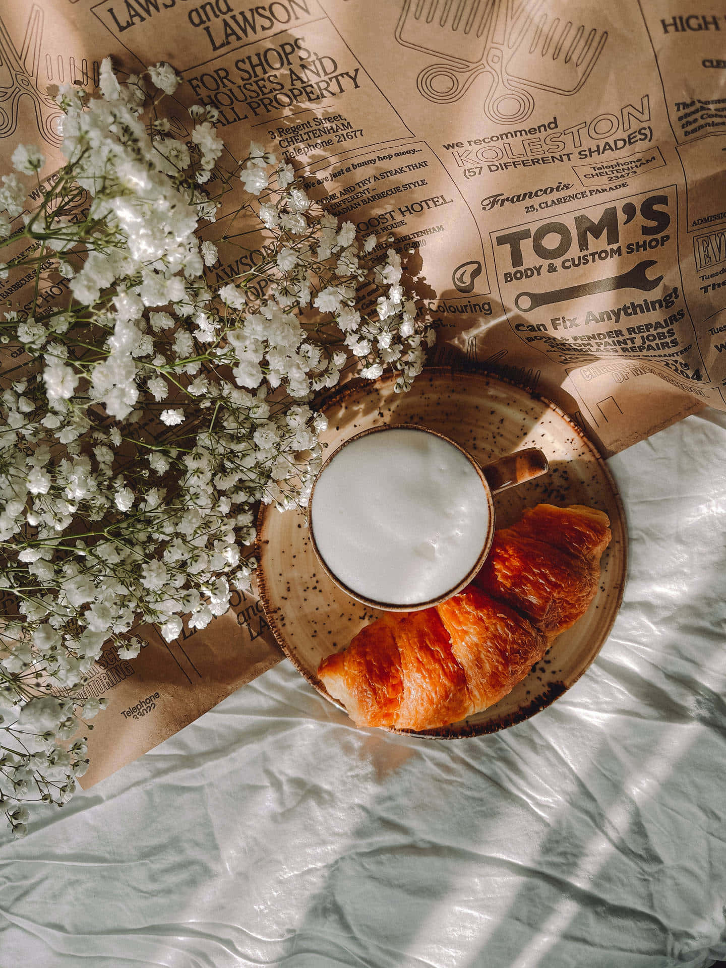 Morning Breakfastwith Flowersand Croissant Wallpaper