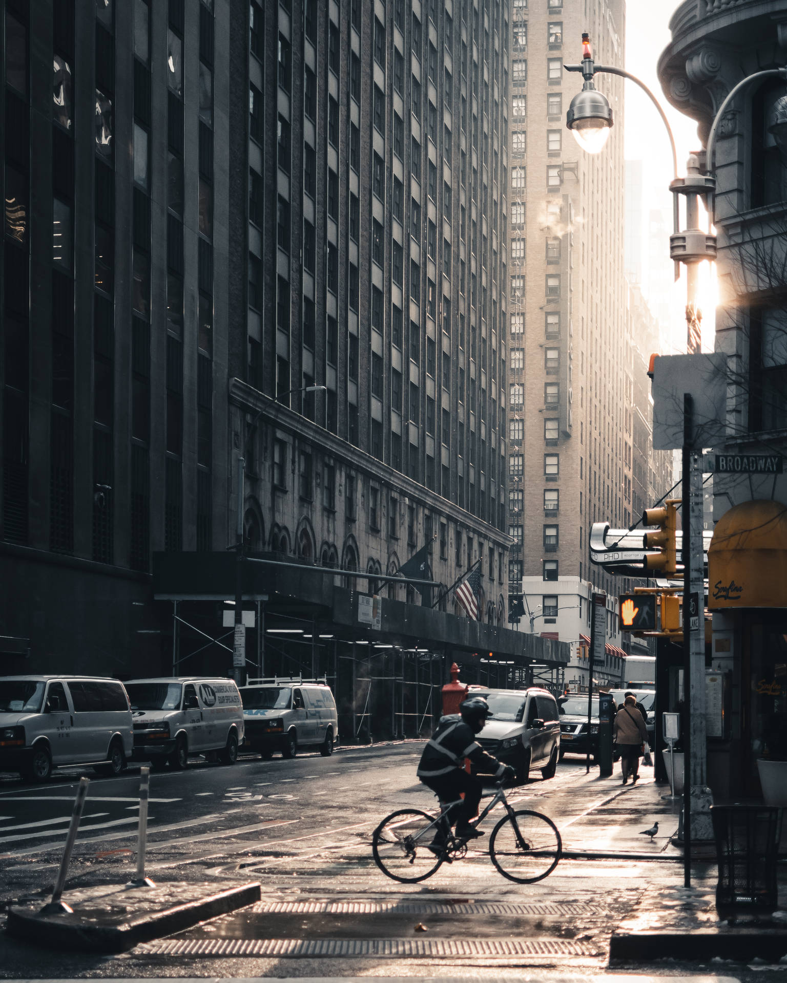 Morning City With Man In Bicycle Wallpaper