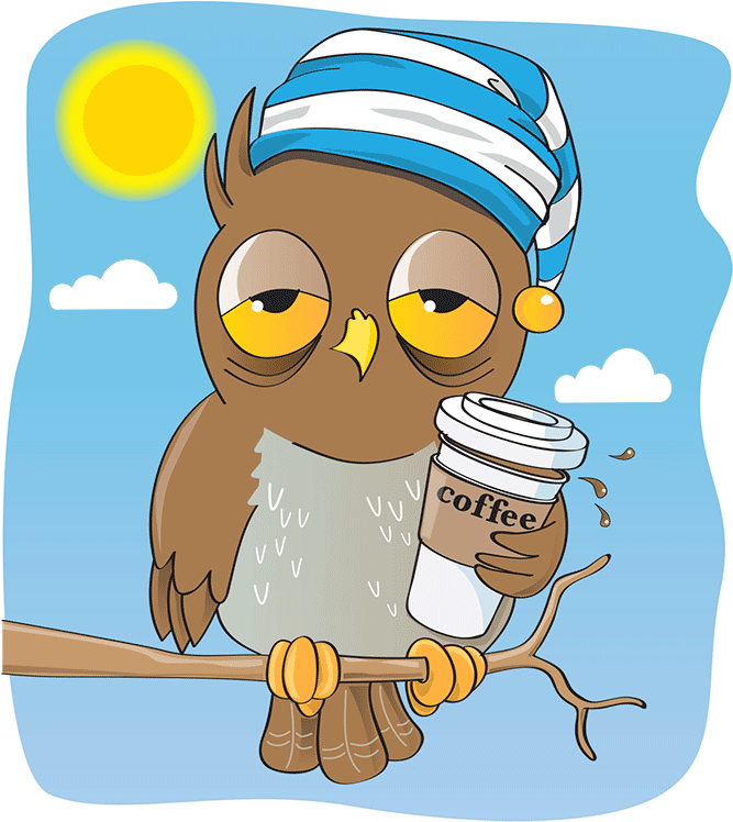 Morning Coffee Owl Cartoon PNG