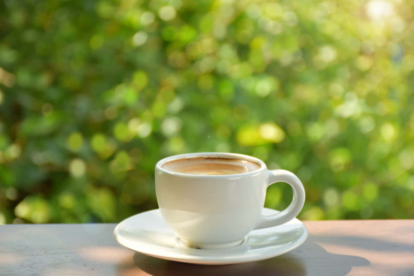 A White Cup Of Coffee On A Table In The Sun