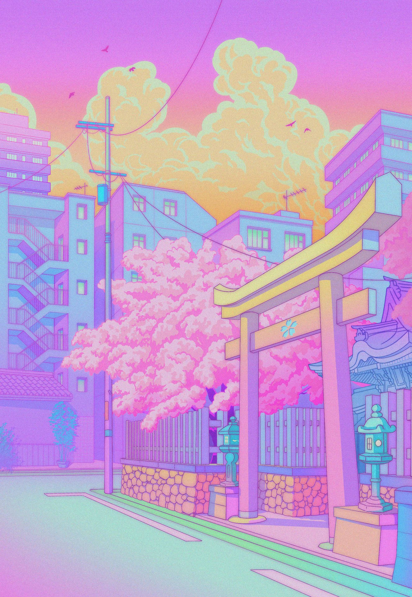 Besucheines Schreins Am Morgen Mit Pastellfarbener Japanischer Ästhetik Wallpaper