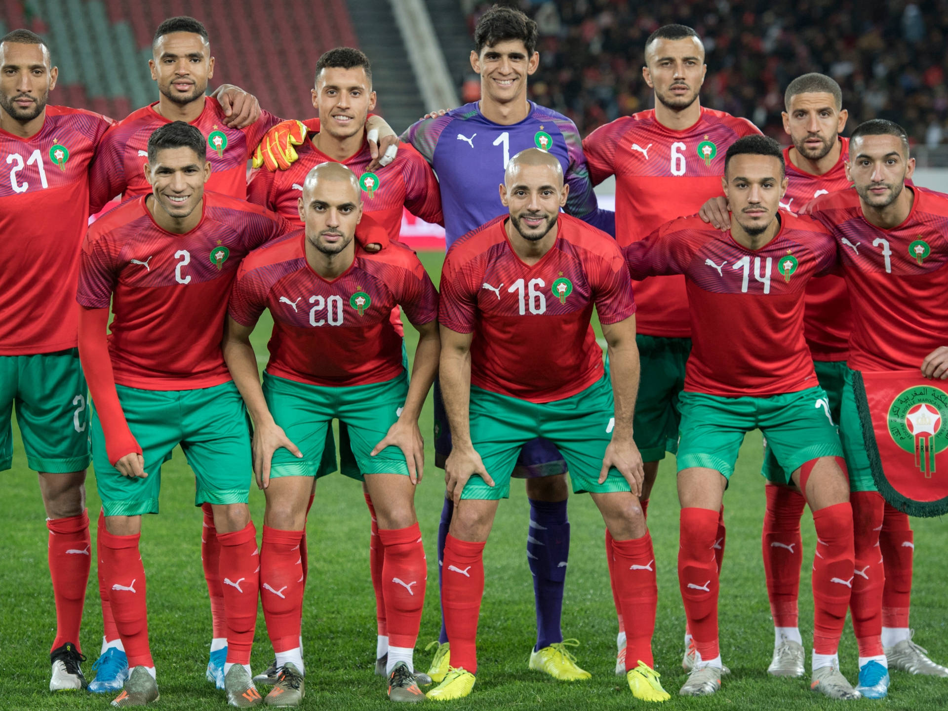 Morocco National Football Team With Blue Player Wallpaper