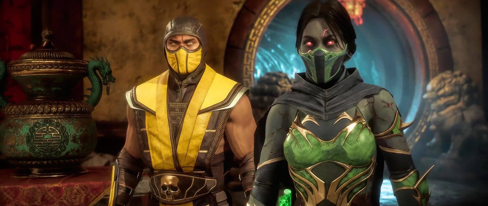 Scorpion and Jade battle in Mortal Kombat 11 Wallpaper