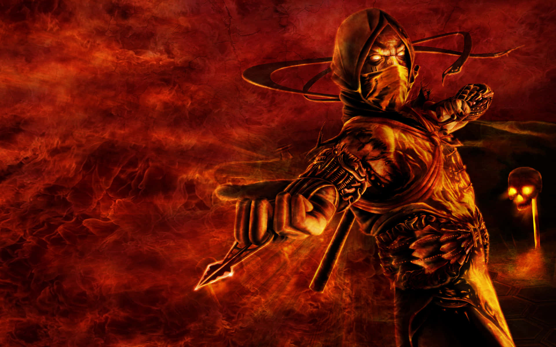 Se den legendariske karakter Scorpion fra Mortal Kombat i al hans herlighed. Wallpaper