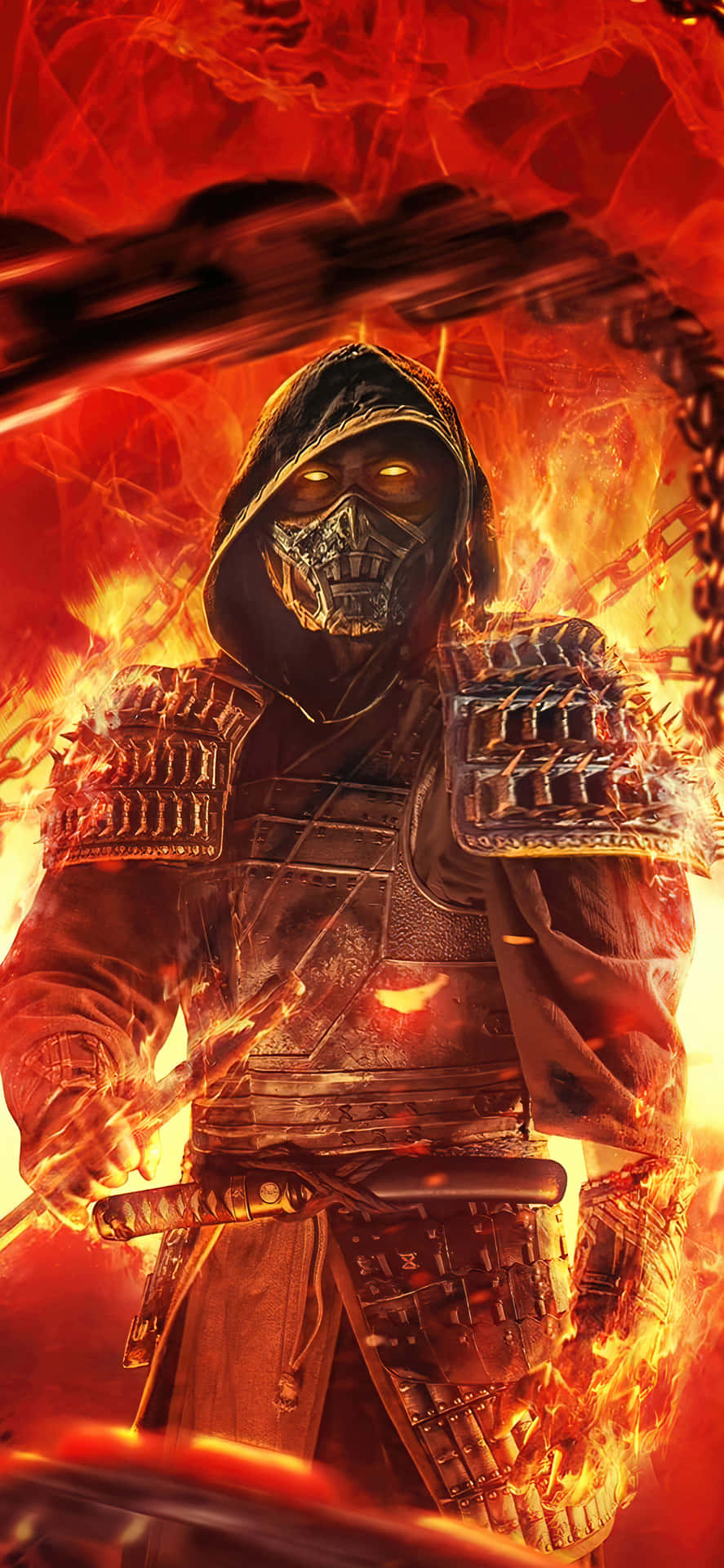 Mortal Kombat Scorpion With Flaming Chains Wallpaper