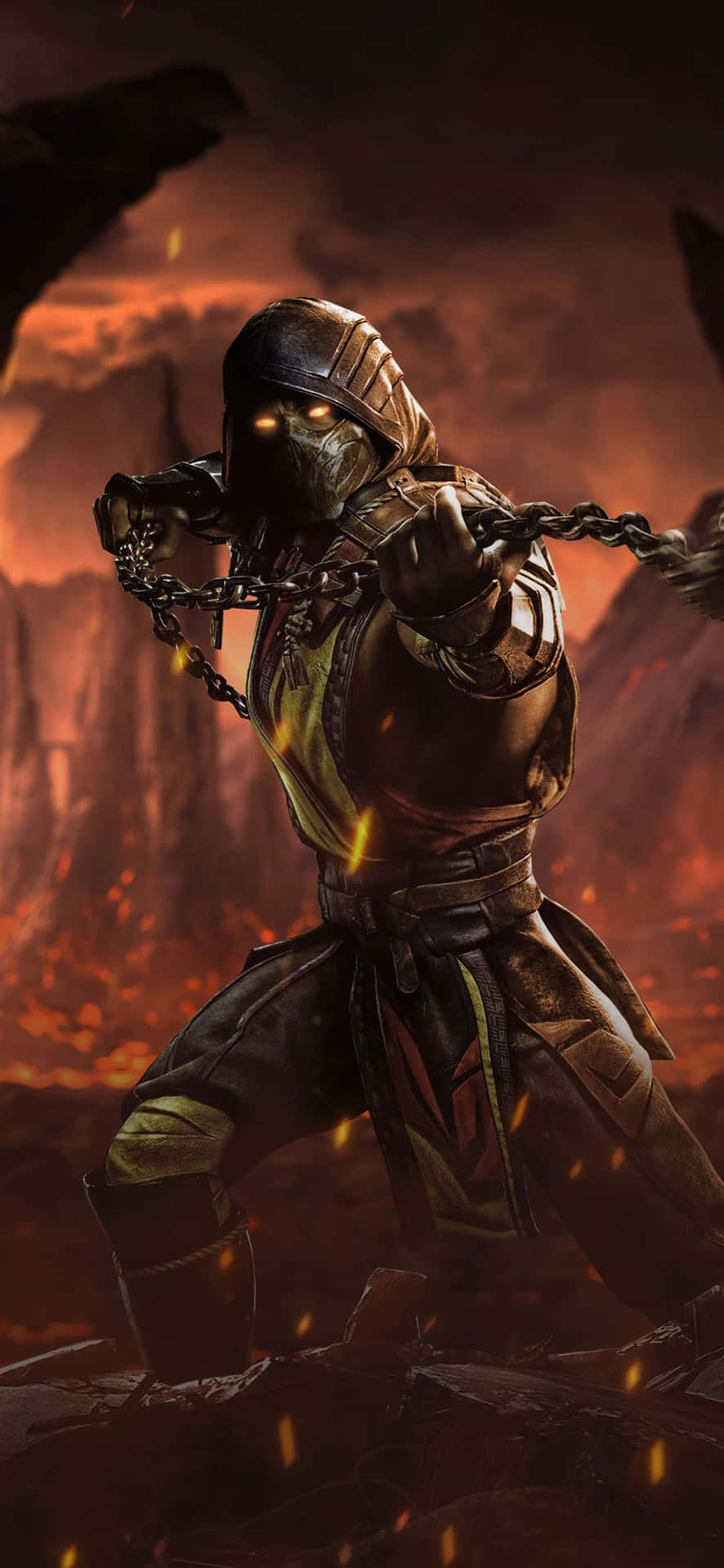Scorpion fra Mortal Kombat slår på et enkelt baggrunds billede. Wallpaper